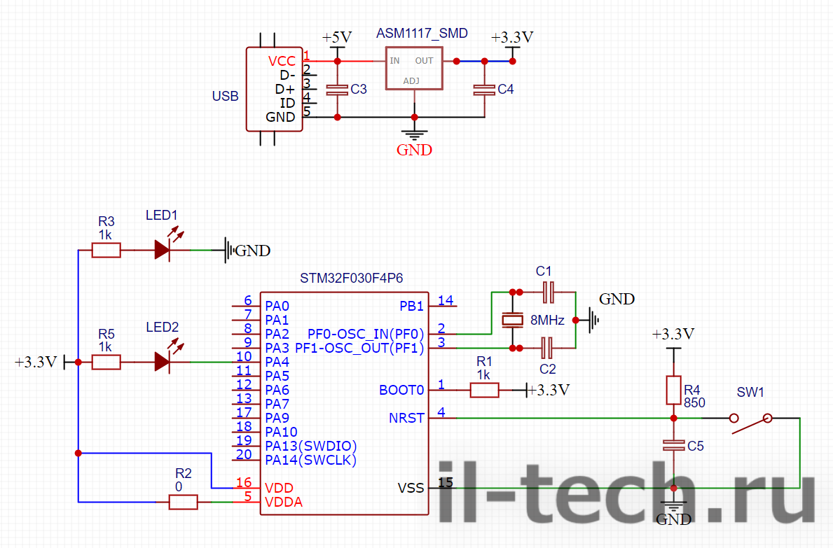 Упрощенная схема платы STM32F030f4p6